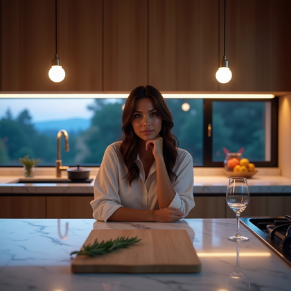 Photorealistic lifestyle photo in a minimalist marble-and-oak kitchen at blue hour, pendant globes casting warm pools across a veined island while cool twilight glows through a large window for cinematic color contrast. The subject leans at the island with sleeves casually rolled and a stemless wine glass nearby, meeting the camera with a relaxed, flirtatious look as under-cabinet lights draw a clean rim along shoulders and collar. Composed symmetrically with subtle reflections in the stone and metal hardware, the frame includes a perfectly placed cutting board, a single sprig of rosemary, and gentle steam rising from a small saucepan to suggest sensory warmth.