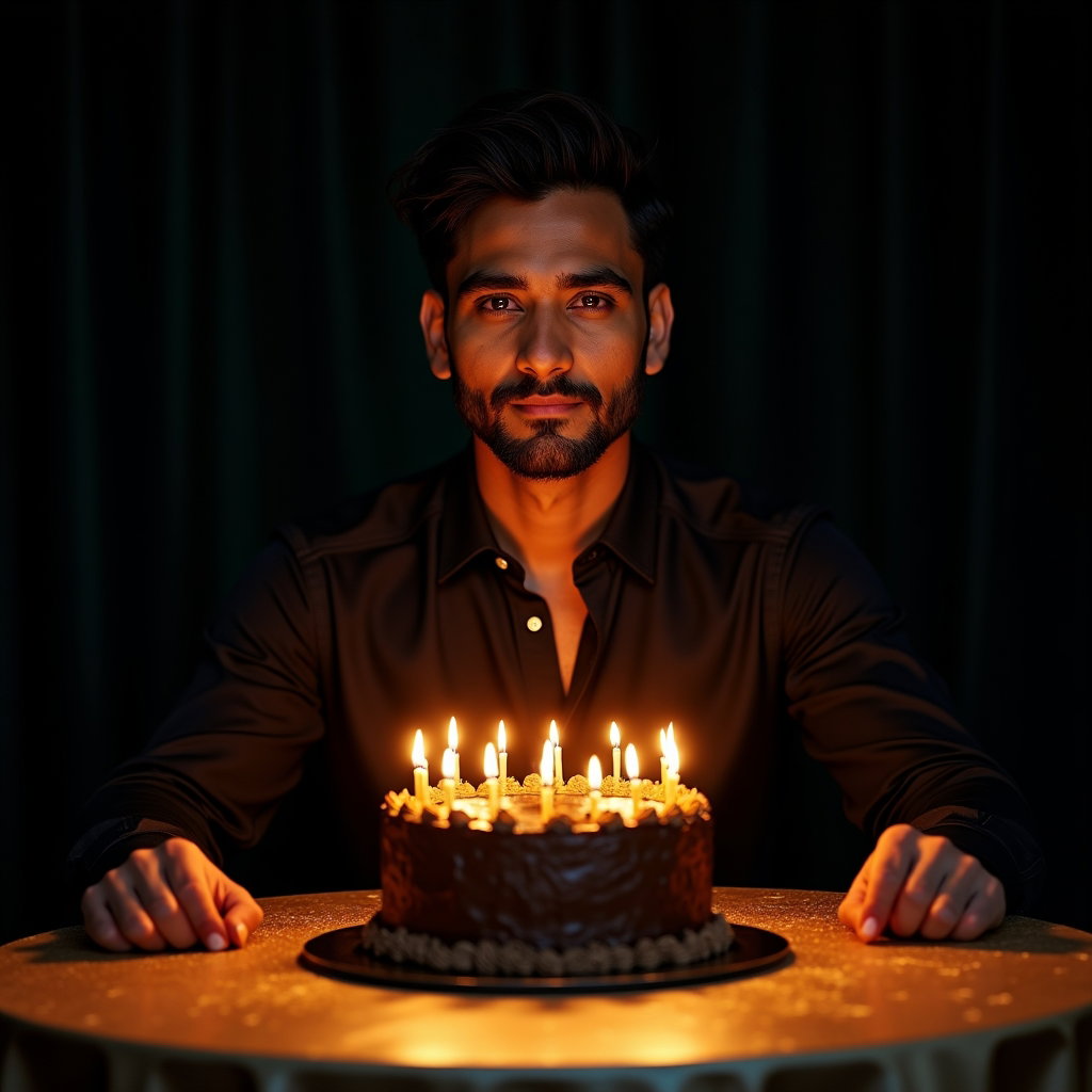 Candlelit Cake Birthday Close-Ups example: Photorealistic birthday portrait photography. Editorial hero image with the subject centered behind an elegant cake, lea