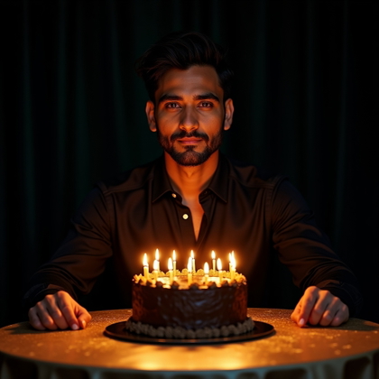 Candlelit Cake Birthday Close-Ups example: Photorealistic birthday portrait photography. Editorial hero image with the subject centered behind an elegant cake, lea