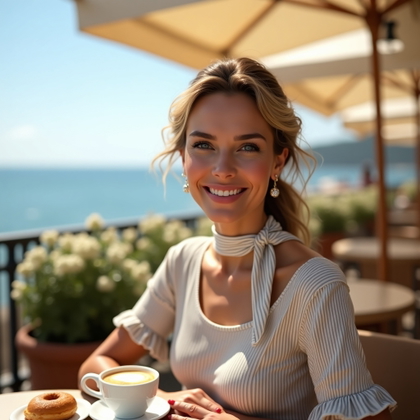 Café Terrace Solo Portraits With Effortless Vacation Style example: Photorealistic fashion close-up portrait. A solo subject sits at a Riviera café terrace table with a porcelain espresso
