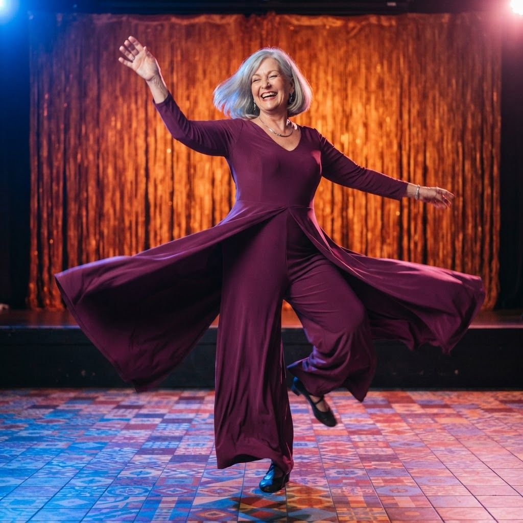 Retro Disco Star in Motion: Full-body portrait at the peak of a spin, one arm raised and the wide legs of a plum flared jumpsuit swinging outward.