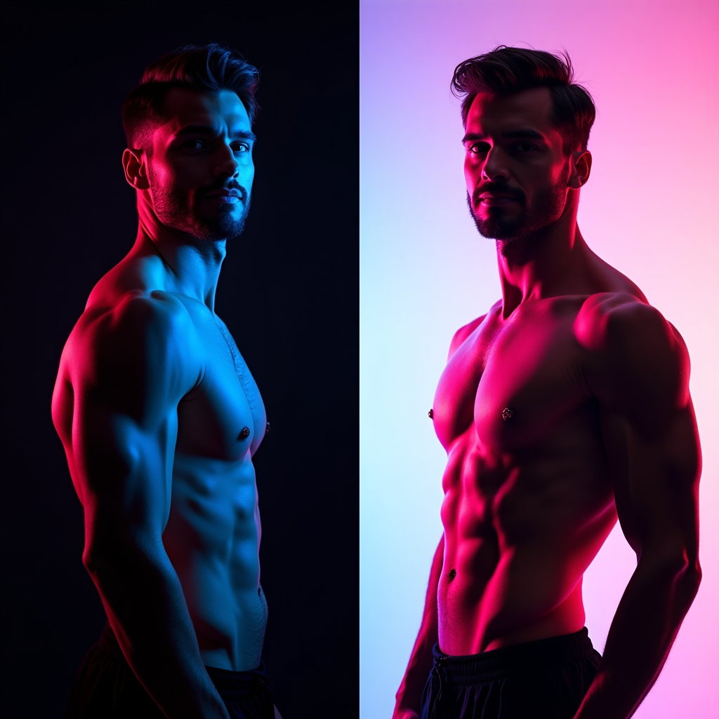 AI-generated photo: Photorealistic studio comparison portrait showing the person in a dynamic, confident pose—one arm sl...