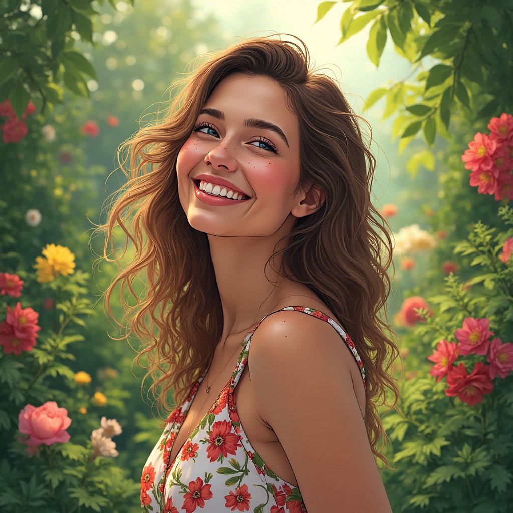 AI-generated photo: **Photorealistic line art profile portrait in a lush botanical garden filled with vibrant greenery a...