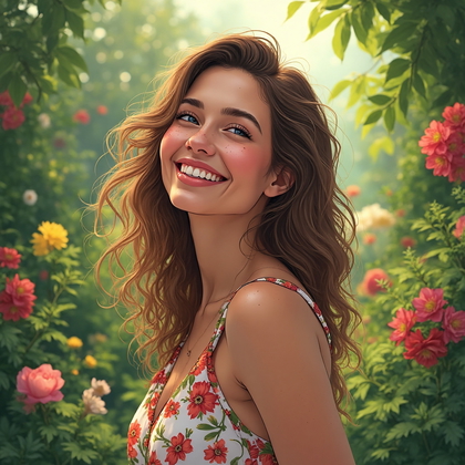 AI-generated photo: **Photorealistic line art profile portrait in a lush botanical garden filled with vibrant greenery a...