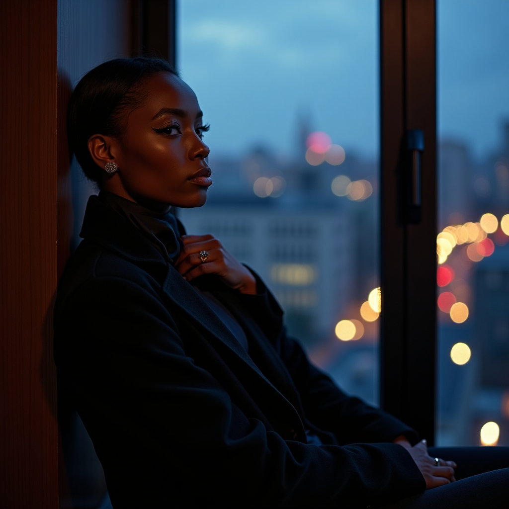 Subtle Neck-Turn Portrait Without Fake Horror example: Dating profile photo, half-body portrait seated near a tall window at twilight, turning the head gently toward the viewe