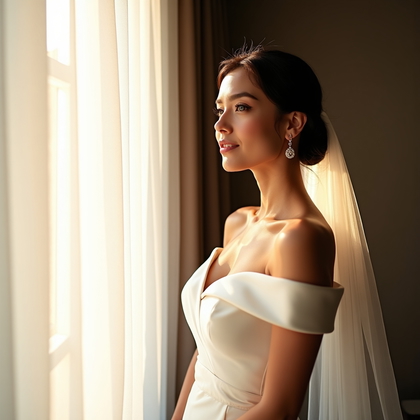 AI-generated photo: Photorealistic window‑light bridal portrait photography of a confident three‑quarter profile beside ...