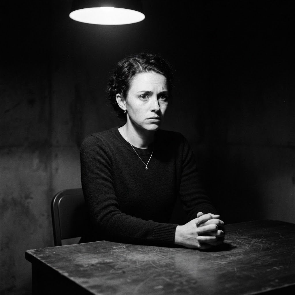 Interrogation Lamp: Minimalist seated noir portrait, one visible person framed from the waist up at a plain wooden table, clasped hands resting tightly under a…