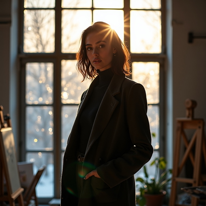 AI-generated photo: Photorealistic fashion portrait in an artist’s loft with a grid of old industrial panes lightly film...