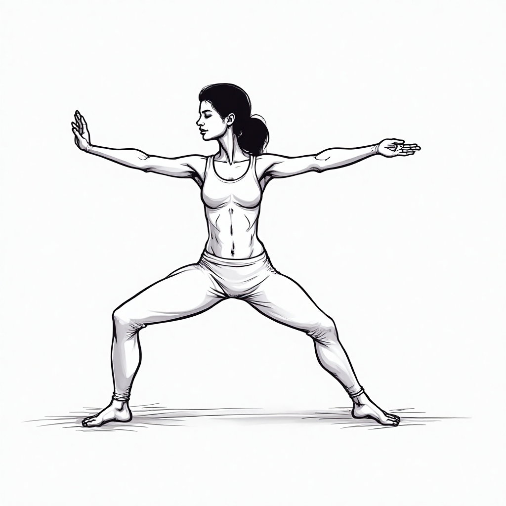 AI-generated photo: **Line Art Illustration.** This scene features a figure poised in a yoga warrior pose, conveying str...
