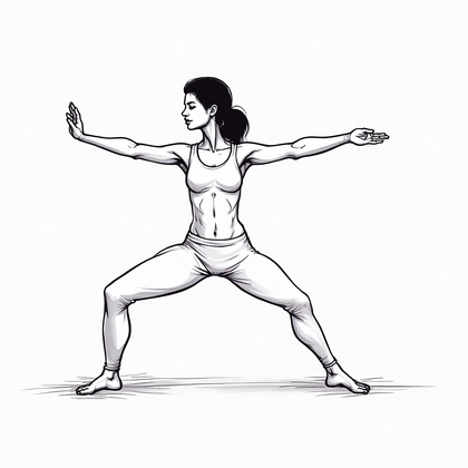 AI-generated photo: **Line Art Illustration.** This scene features a figure poised in a yoga warrior pose, conveying str...