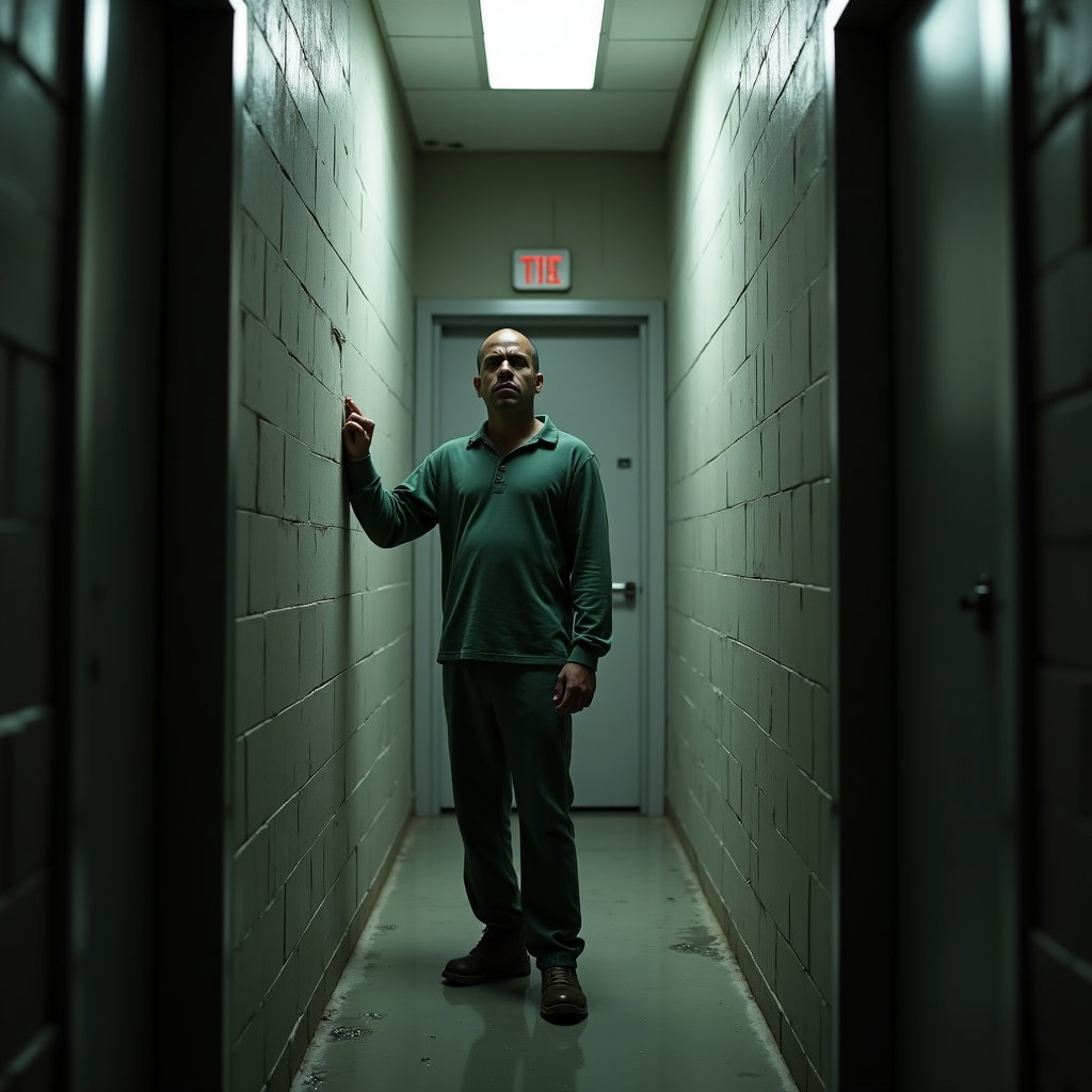 AI-generated photo: Photorealistic prison portrait photograph, the person stands at the far end of a long, narrow solita...