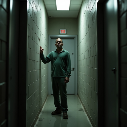 AI-generated photo: Photorealistic prison portrait photograph, the person stands at the far end of a long, narrow solita...