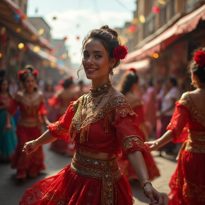 AI-generated photo: Travel photo. An immersive street festival scene, ...