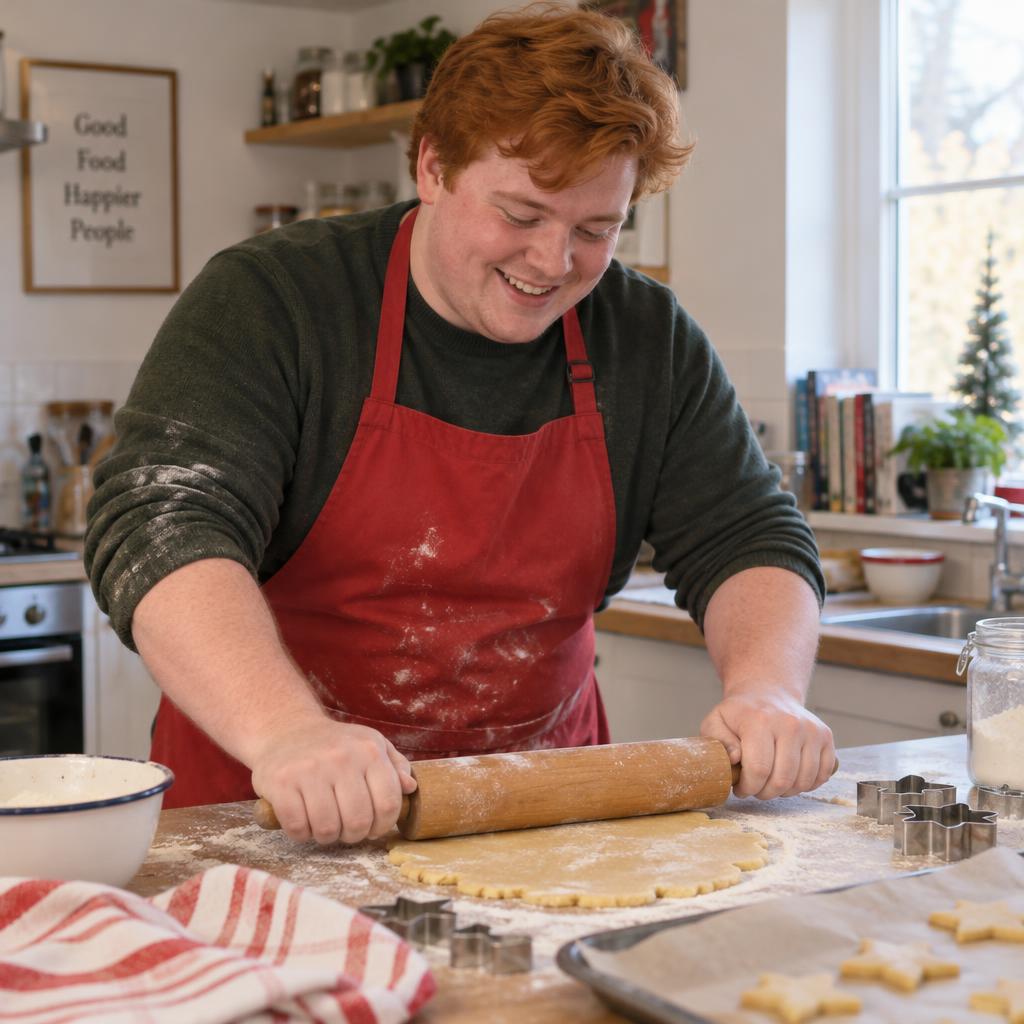 Candid Holiday Baking Moment: Lighthearted kitchen baking scene photographed from across a narrow counter.