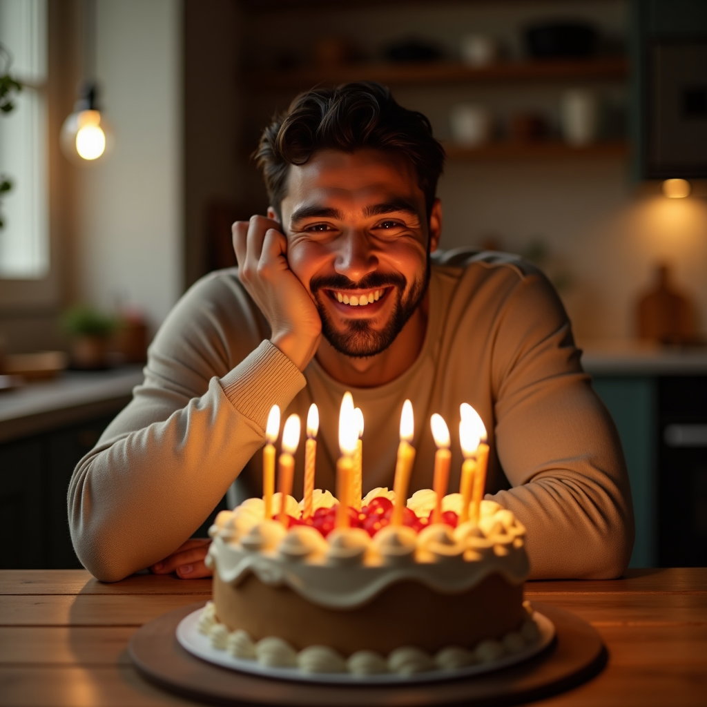 Candlelit Cake Birthday Close-Ups example: Photorealistic birthday portrait photography. Environmental portrait in a cozy kitchen or apartment dining nook, subject
