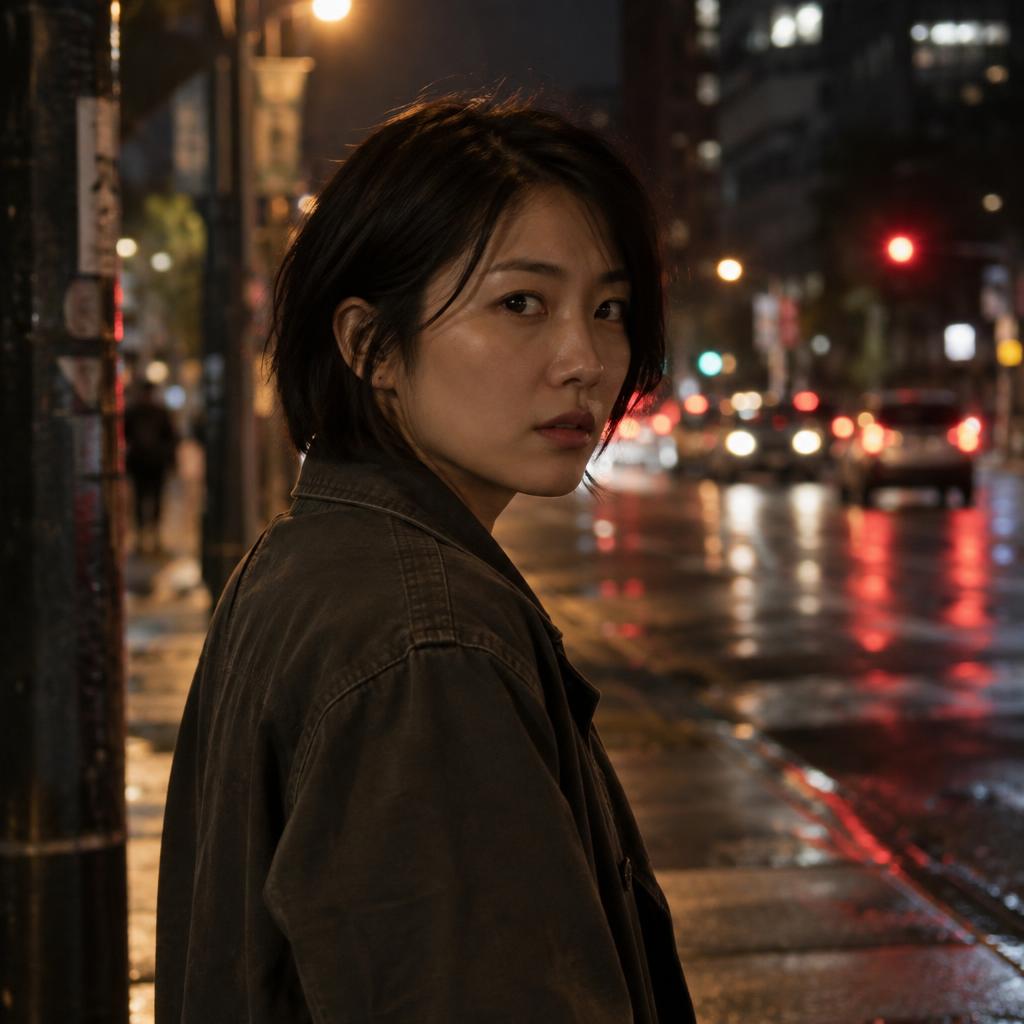 Gritty Crime-Drama Profile: Realistic chest-up acting headshot at a wet city intersection after dark.