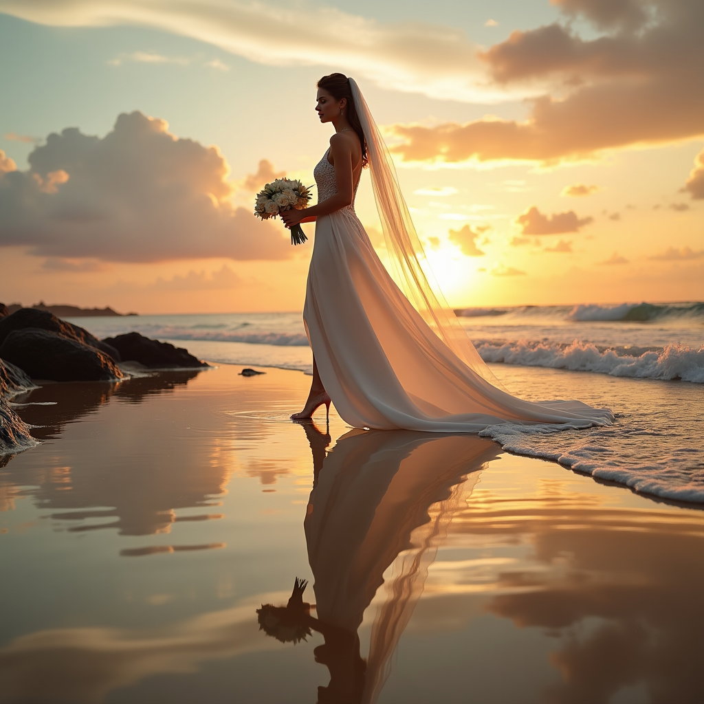 AI-generated photo: Photorealistic wedding photography: tropical beach at sunset with a mirror-still tidal pool creating...