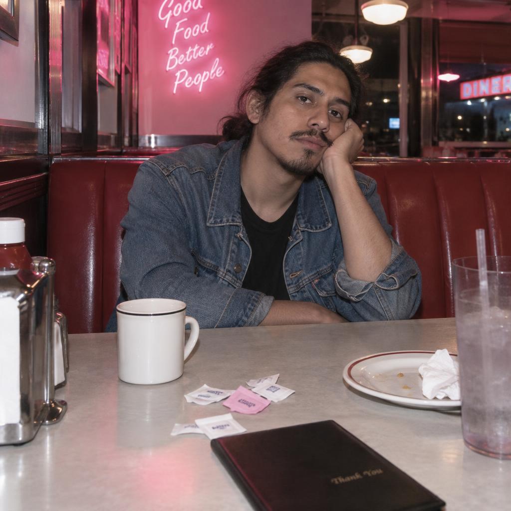 Diner Booth Afterparty: From the far end of a diner table, frame one person alone in a red-vinyl booth beneath a pink neon sign, shoulders slumped and chin propped…