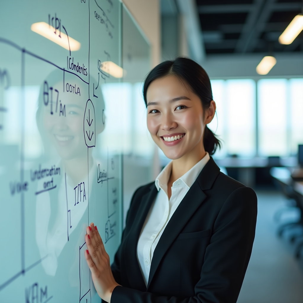 AI-generated photo: Professional headshot. A sleek innovation-lab office features a transparent brainstorming wall cover...