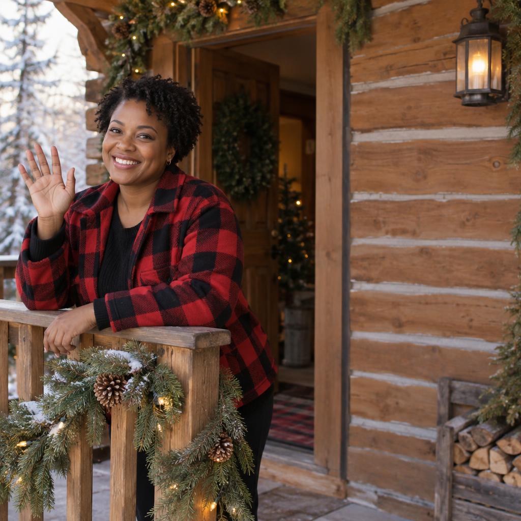 Rustic Cabin Porch Greeting: Photorealistic Christmas card photo on a pine-garlanded cabin porch.