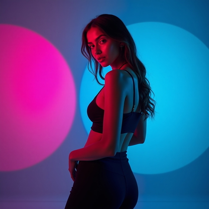 AI-generated photo: Photorealistic studio portrait. The subject is standing in a dynamic contrapposto stance, framed fro...