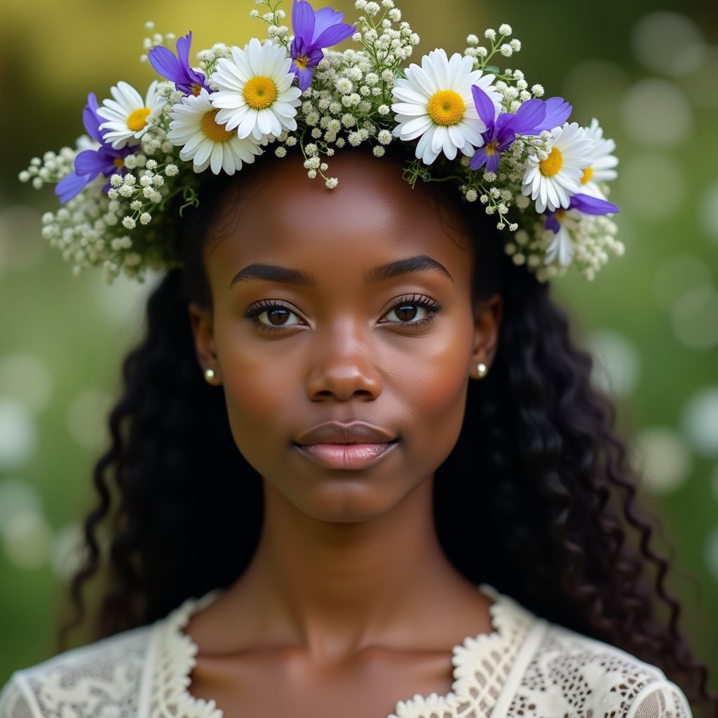 Gros plan avec couronne de fleurs : photo personnelle serrée, du visage aux épaules, d’une personne faisant face à l’objectif, portant une couronne nouée à la main de marguerites, de violettes et de gypsophile.