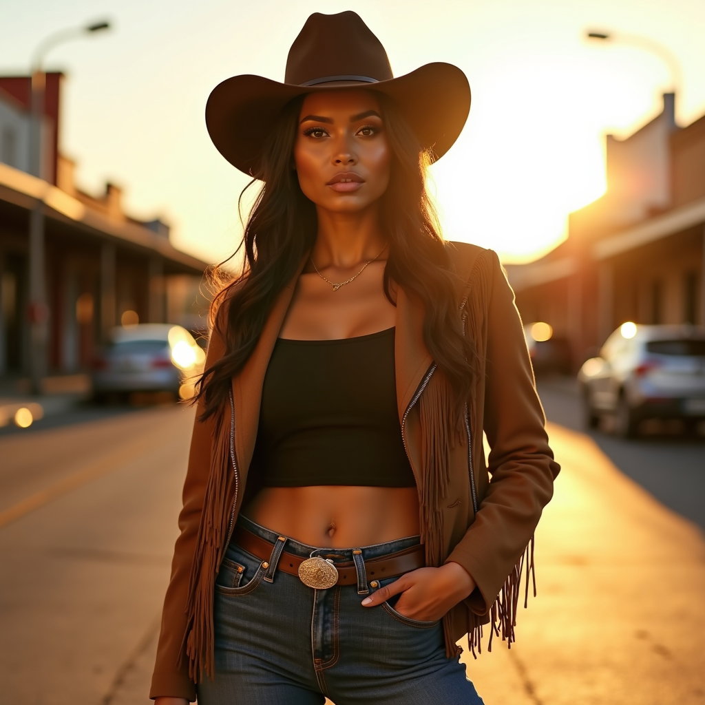 AI-generated photo: Fashion portrait photography, a bold hero cowboy portrait in a sunlit western streetscape with the s...