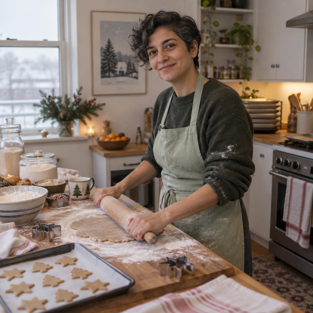 Candid Holiday Baking Moment: Quiet, candid Christmas card scene in a compact apartment kitchen.