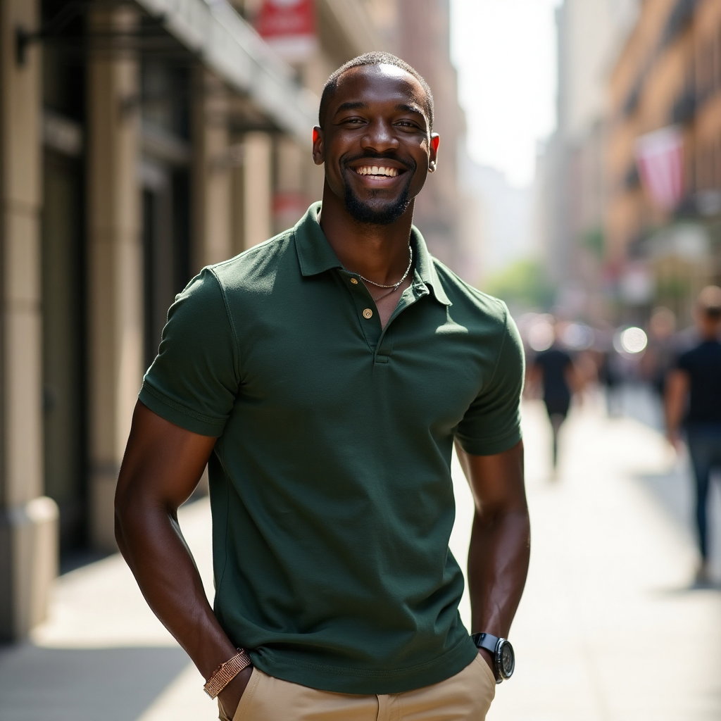 AI-generated photo: Charming Smile Portrait featuring a man in a smart-casual outfit consisting of a dark green polo shi...
