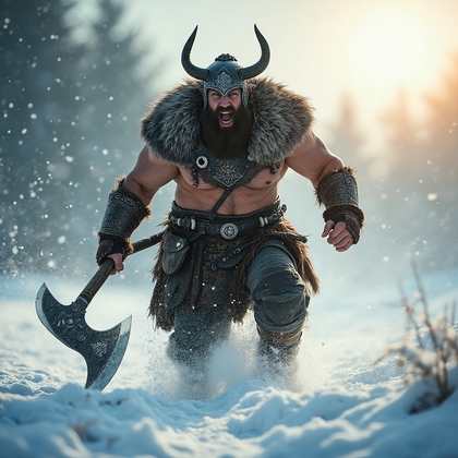 AI-generated photo: Cosplay dynamic action photo of a Norse berserker in full battle fury, charging through a snow-blank...