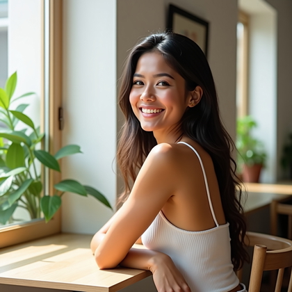 Photorealistic lifestyle photography: a sunlit corner of a modern cafe with pale wood table and leafy plants, subject seated sideways at a window and turning toward the camera with direct eye contact and a relaxed, confident smile, soft natural sidelight shaping the face with gentle fill from white walls, clean background details kept minimal for a crisp profile crop.