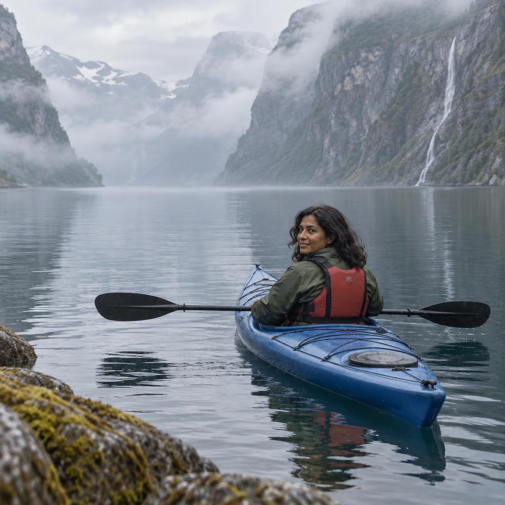 A Solo Outdoor Adventure: A high, wide view from the fjord shore in early mist: one kayaker pauses on still water and glances back toward the viewpoint, paddle…