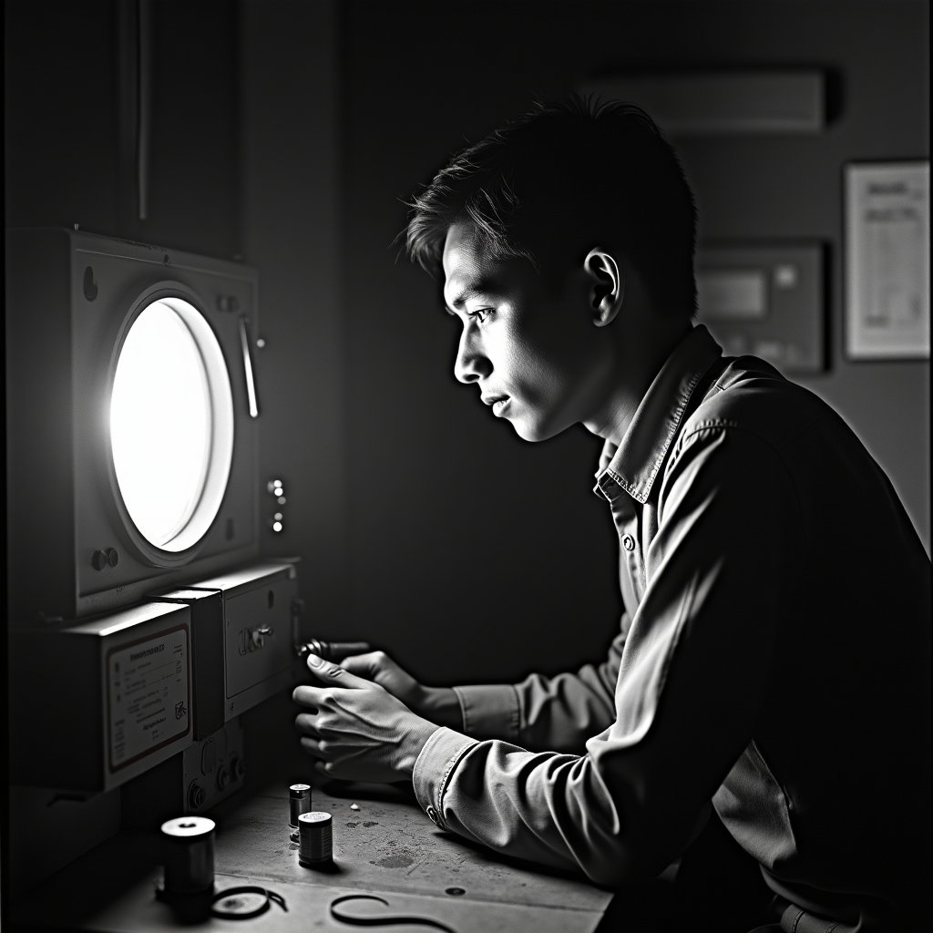 AI-generated photo: Silver gelatin portrait inside a theater projection booth — the carbon-arc projector hums as the sub...