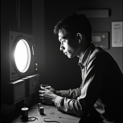 AI-generated photo: Silver gelatin portrait inside a theater projection booth — the carbon-arc projector hums as the sub...