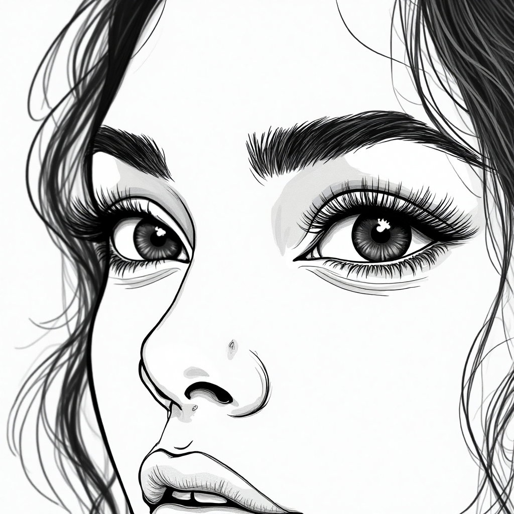 AI-generated photo: Line art illustration. Capture a close-up composition focusing on the expressive eyes of a 35-year-o...