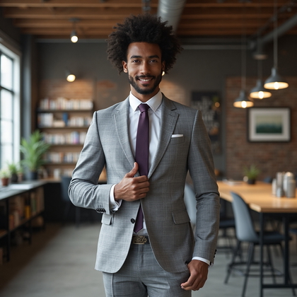 AI-generated photo: LinkedIn photo capturing a subject in a smart, tailored light grey suit with a subtle check pattern ...