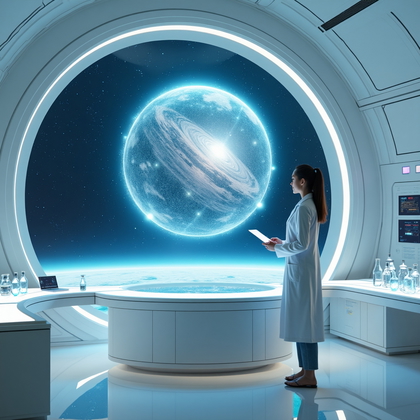 AI-generated photo: Photorealistic wide-angle shot of a contemplative scientist in an expansive orbital lab. The person ...