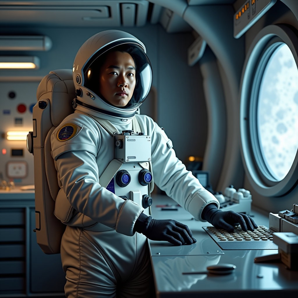AI-generated photo: Photorealistic lifestyle photography, a helmet-off astronaut standing beside a workstation inside a ...