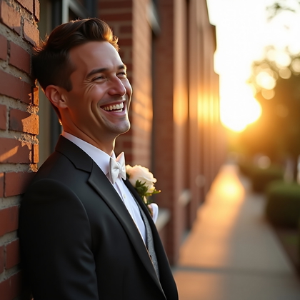 AI-generated photo: Photorealistic wedding photograph of a sharply tailored subject leaning one shoulder against a sun-w...