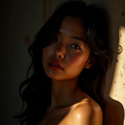 AI-generated photo: Photorealistic beauty portrait photograph, three-quarter view of the subject leaning against a textu...