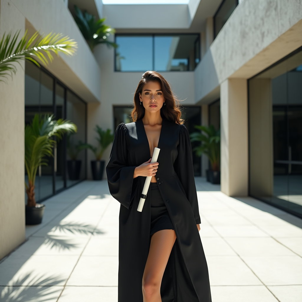 AI-generated photo: Fashion editorial photography, a full-body graduation portrait captured in a minimalist courtyard wi...