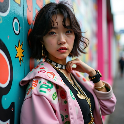 AI-generated photo: Photorealistic fashion portrait, a striking Harajuku fashion scene set beside a pastel-painted wall ...
