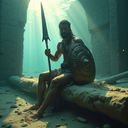 AI-generated photo: Photorealistic underwater fantasy warrior portrait photograph of a “guardian of the ruins,” posed se...