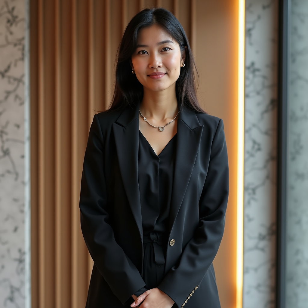 AI-generated photo: Professional headshot: standing a step off a wall of fabric acoustic panels and integrated wood slat...