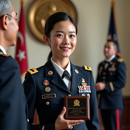 AI-generated photo: Photorealistic award portrait photography in an official ceremony hall. The subject stands in the fo...