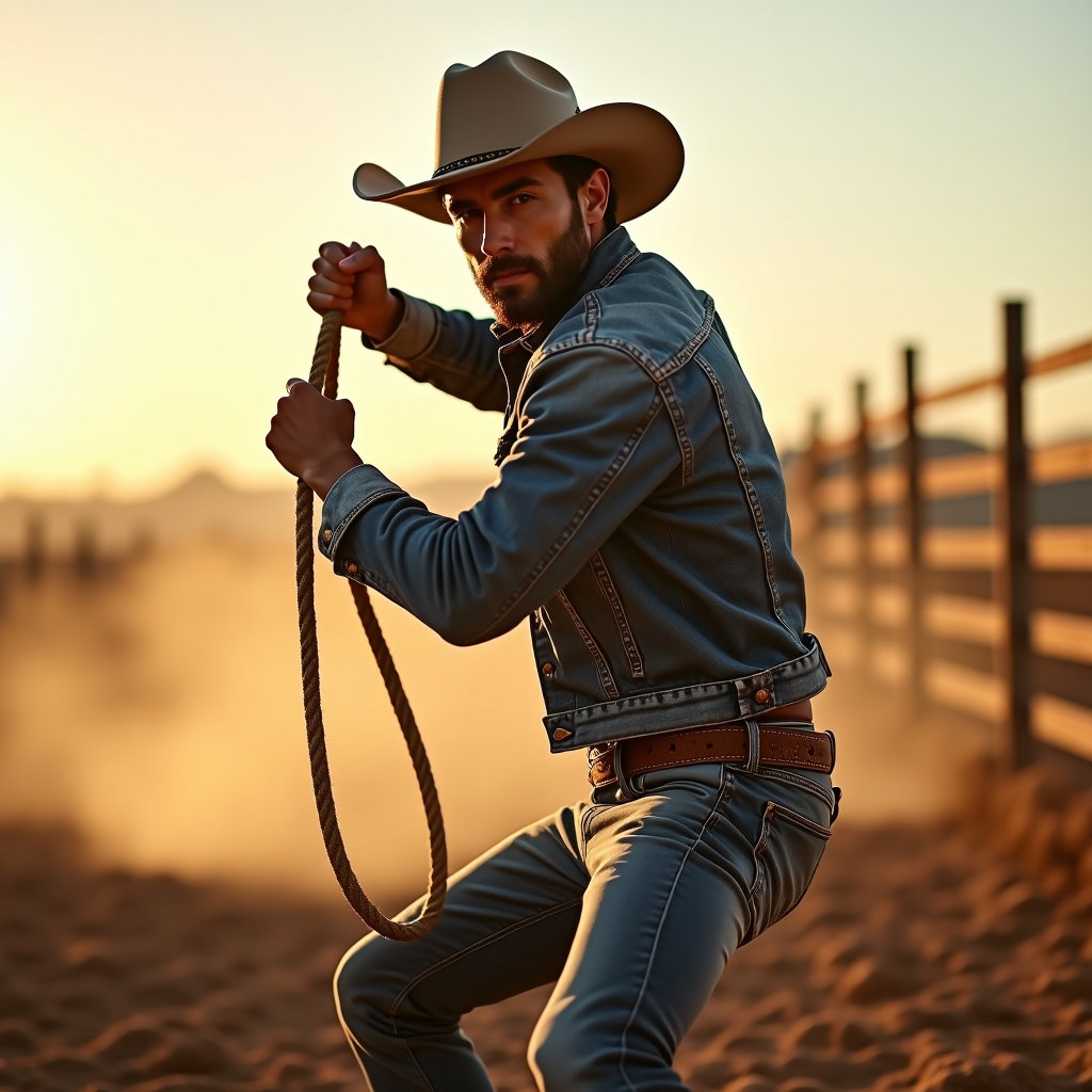 AI-generated photo: Photorealistic fashion photography. A rugged cowboy workwear action portrait set in a dusty ranch co...