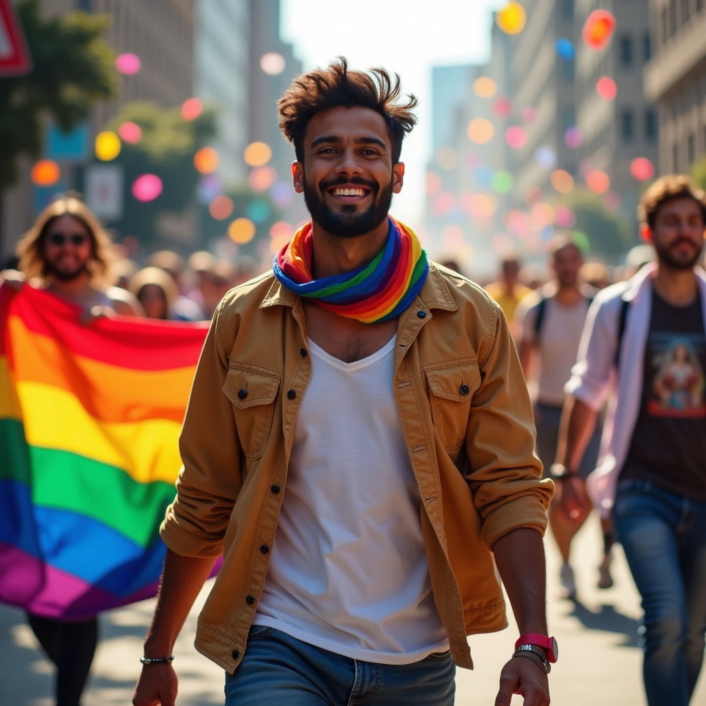 Solo Pride Parade Street Portraits example: Photorealistic action street portrait photography. Solo subject walking forward through falling confetti with a bright s