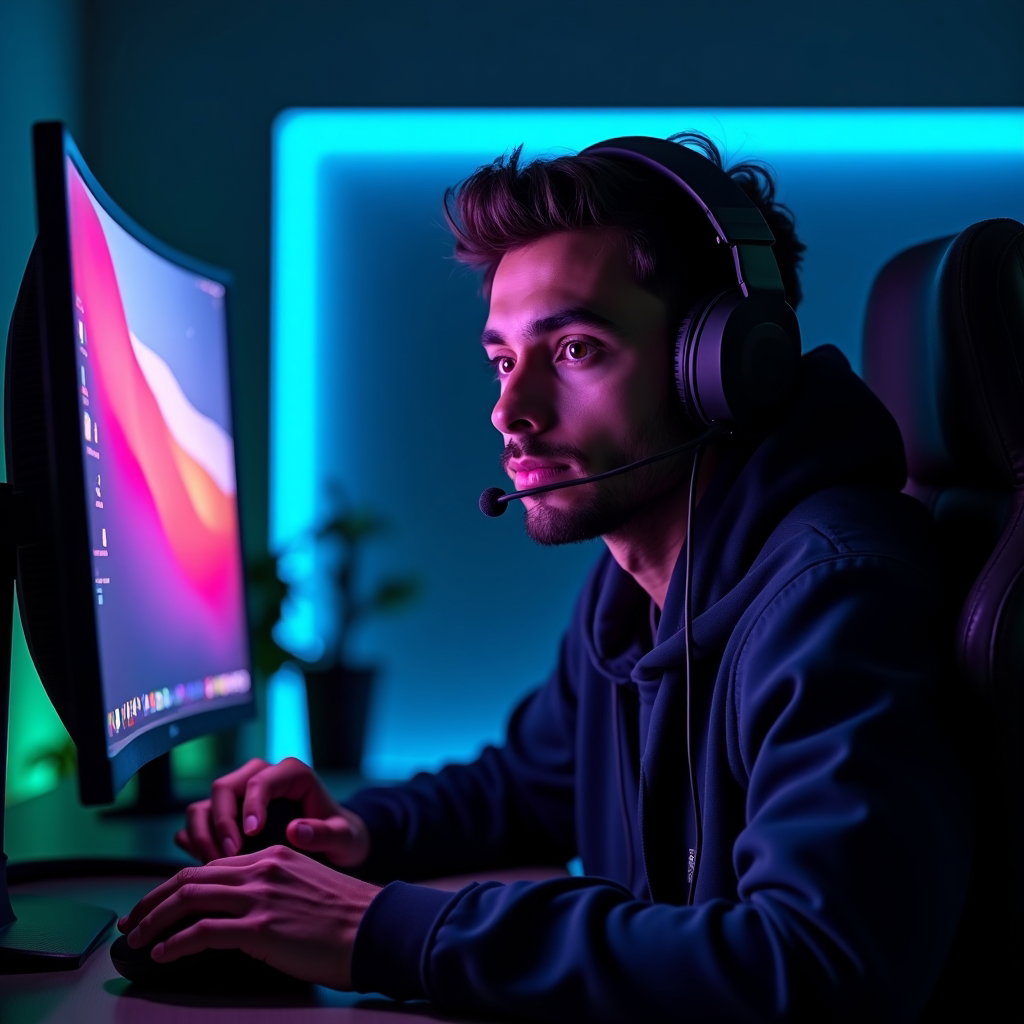 AI-generated photo: Photorealistic gaming portrait photography. The subject is seated very close to a large curved monit...