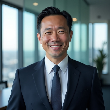 AI-generated photo: Professional headshot: finance executive persona in a glass-walled corner office with a soft-focus s...