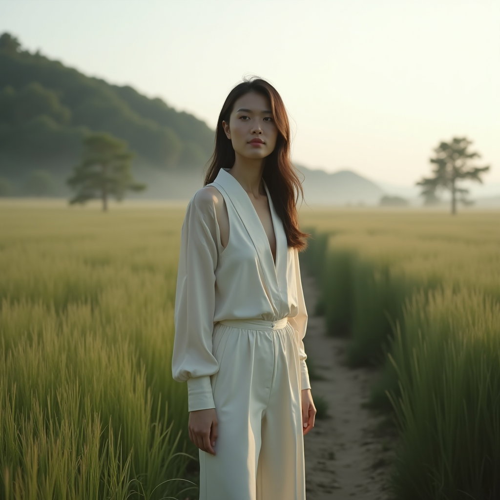 AI-generated photo: Photorealistic fashion portrait photography. A deeply serene portrait set in an open field of tall g...